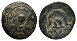 KINGS of MACEDON. Alexander III The Great.(336-323 BC).Miletos or Mylasa.Ae.

Obv : Macedonian shield.

Rev : K.
Bow in quiver, club and grain ea...