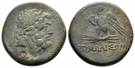 PAPHLAGONIA.Pimolisa.(Circa 120-63 BC).Ae.

Obv : Laureate and bearded head of Zeus right.

Rev : ΠIMΩΛIΣΩN.
Eagle standing left on thunderbolt, head ...
