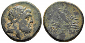 PONTUS.Amaseia.Time of Mithradates VI.( circa 100-85 BC).Ae.

Obv : Head of Zeus right.

Rev : ΑΜAΣΣEIA.
Eagle standing left, head right, on thun...