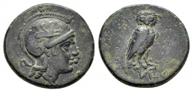 AEOLIS. Neonteichos.(Circa 2nd century BC).Ae.

Obv : Helmeted head of Athena right.

Rev : Owl standing right, head facing; monogram below.
SNG Auloc...