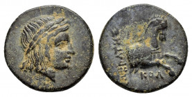 IONIA. Kolophon.(Circa 330-285 BC).Ae.

Obv : Laureate head of Apollo right.

Rev : ΣΩKPATHΣ KOΛ.
Forepart of galopping horse right.
Milne, Colophon, ...