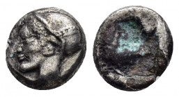IONIA. Phokaia.(Circa 521-478 BC). Diobol.

Obv : Archaic head of Athena left.

Rev : Quadripartite incuse punch.
SNG Kayhan 522.

Condition : Good ve...