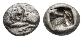 KINGS of LYDIA. Kroisos.(Circa 560-546 BC). Sardes.1/12 Stater.

Obv : Forepart of lion with open mouth to right confronting, on the right, forepart...