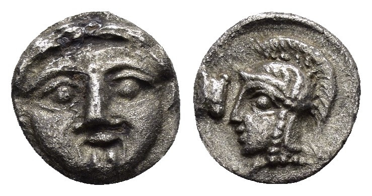 PISIDIA. Selge.(Circa 350-300 BC).Obol.

Obv : Facing gorgoneion.

Rev : Helmete...