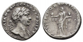 TRAJAN.(98-117). Rome.Denarius. 

Obv : IMP TRAIANO AVG GER DAC P M TR P.
Laureate bust right, slight drapery on far shoulder.

Rev : COS V P P SPQR O...