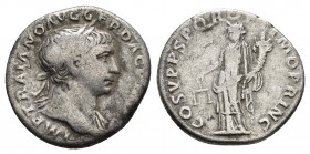 TRAJAN.(98-117).Rome.Denarius. 

Obv : IMP TRAIANO AVG GER DAC P M TR P.
Laureate bust right, with slight drapery.

Rev : COS V P P SPQR OPTIMO PRINC....