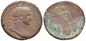 TRAJAN.(98-117).Rome.Sestertius.

Obv : IMP CAES NERVAE TRAIANO AVG GER DAC P M TR P COS V P P.
Laureate bust right, slight drapery on far shoulder.

...