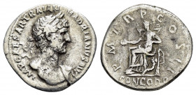 HADRIAN.(117-138).Rome.Denarius.

Obv : IMP CAESAR TRAIAN HADRIANVS AVG.
Laureate and draped bust right.

Rev : PM TR P COS III CONCORD.
Concordia sea...