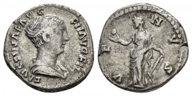 FAUSTINA II.(Augusta, 147-175). Rome.Denarius. 

Obv : FAVSTINAE AVG PII AVG FIL.
Draped bust right.

Rev : VENVS.
Venus standing left, holding apple ...