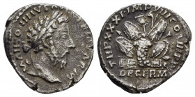 MARCUS AURELIUS.(161-180). Rome.Denarius.

Obv : M ANTONINVS AVG GERM SARM.
Laureate head right.

Rev : TR P XXXI IMP VIII COS III P P DE SARM.
Pile o...