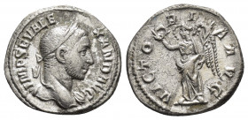 SEVERUS ALEXANDER.(222-235).Rome.Denarius. 

Obv : IMP C M AVR SEV ALEXAND AVG.
Laureate and draped bust right.

Rev : VICTORIA AVG.
Victory advancing...