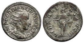 GORDIAN III.(238-244). Rome.Antoninianus. 

Obv : IMP GORDIANVS PIVS FEL AVG.
Radiate, draped and cuirassed bust right.

Rev : LIBERALITAS AVG III.
Li...