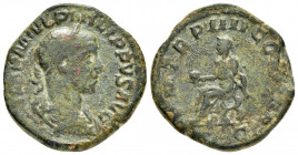 PHILIP I THE ARAB.(244-249).Rome.Sestertius.

Obv : IMP M IVL PHILIPPVS AVG.
Laureate, draped and cuirassed bust right.

Rev : P M TR P II COS P P S C...