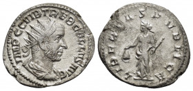 TREBONIANUS GALLUS.(252-253).Mediolanum.Antoninianus. 

Obv : IMP C C VIB TREB GALLVS AVG.
Radiate, draped and cuirassed bust right.

Rev : LIBERTAS P...