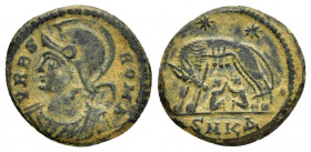 CONSTANTINE I THE GREAT.(307-337). Commemorative series. Cyzicus.Follis.

Obv : VRBS ROMA.
Helmeted and cuirassed bust of Roma left.

Rev : •SMKA.
She...