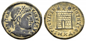 CONSTANTINE I THE GREAT.(307-337). Cyzicus.Follis.

Obv : CONSTANTINVS AVG.
Laureate head right.

Rev : PROVIDENTIAE AVGG SMKΔ•.
Camp gate with two to...