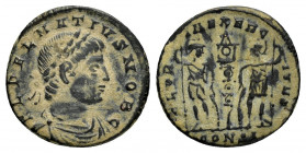 DELMATIUS.(Caesar, 335-337).Constantinople.Follis. 

Obv : FL DELMATIVS NOB C.
Laureate, draped and cuirassed bust right.

Rev: GLORIA EXERCITVS CONSI...