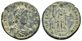 HONORIUS.(393-423). Nicomedia.Ae.

Obv : D N HONORIVS P F AVG.
Diademed draped and cuirassed bust right.

Rev : GLORIA ROMANORVM / SMNA.
Honorius stan...