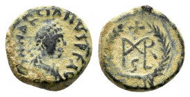 MARCIANUS.(450-457).Constantinople.Ae. 

Obv : D N MARCIANVS P F AVG.
Diademed, draped and cuirassed bust right.

Rev : CON.
Monogram; cross above, S ...