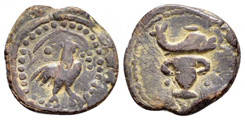 ROMAN EMPIRE. Lead tessera.

Obv : Cock standing right within wreath.

Rev : Fig...