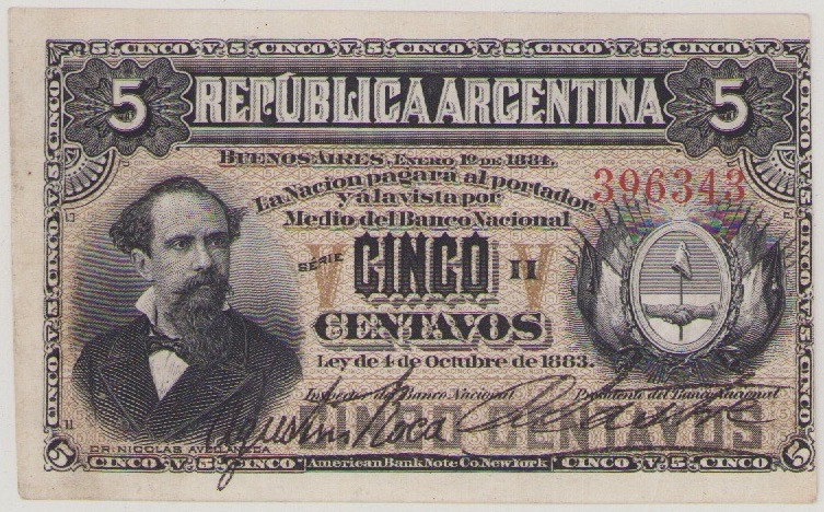Argentina, 5 Centavos, 1.1.1884, SÉRIE H 396343, Sign.Roca-Sastre, P5, BNB B106c...