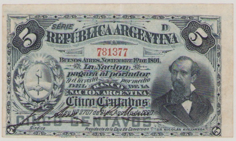 Argentina, 5 Centavos, 1.11.1891, SÉRIE D 781377, Sig.Areco-Marín, P209, BNB B20...