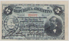 Argentina, 5 Centavos, 1.11.1891, SÉRIE D 781377, Sig.Areco-Marín, P209, BNB B201e, VF/EF

Estimate: 50-80