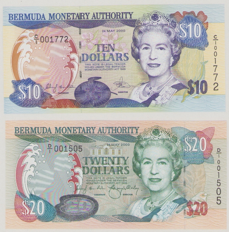 Bermuda, 10 $, 24.5.2000, C/1 001772, P52a, BNB B224a, AU, 20 $, 24.5.2000, D/1 ...