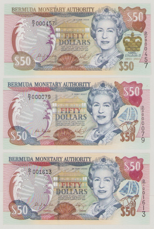 Bermuda, 50 $, 24.5.2000, D/1 001613, P54a, BNB B227a, AU, 50, $ 7.5.2007, D/3 0...