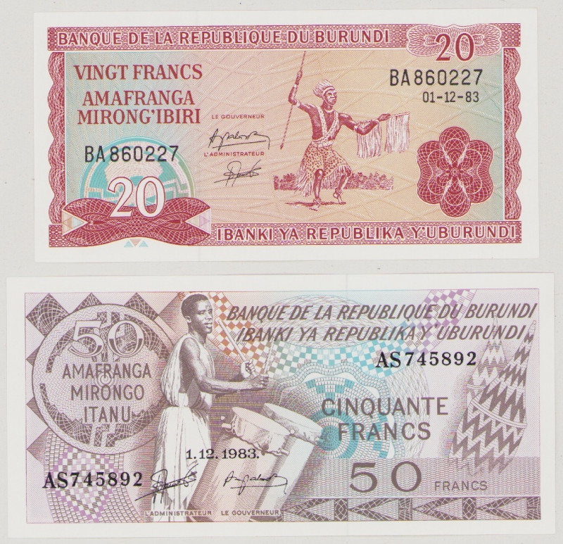 Burundi, 20 Francs, 1.12.1983, BA 860227, P27b, BNB B215d, 50 Francs, 1.12.1983,...