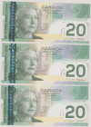 Canada, 20 $, 2004/2005, 2006, 2009, ALM 0682235, AUB 4705861, ELC 8372104, P103b, c, f, BNB B368b, c, f, 3x UNC, 3 pcs.

Estimate: 80-100