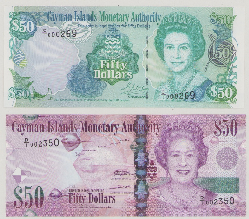 Cayman Islands, 50 $, 2001, C/1 000269, P29a, BNB B209a, UNC, 50 $, 2010, D/1 00...
