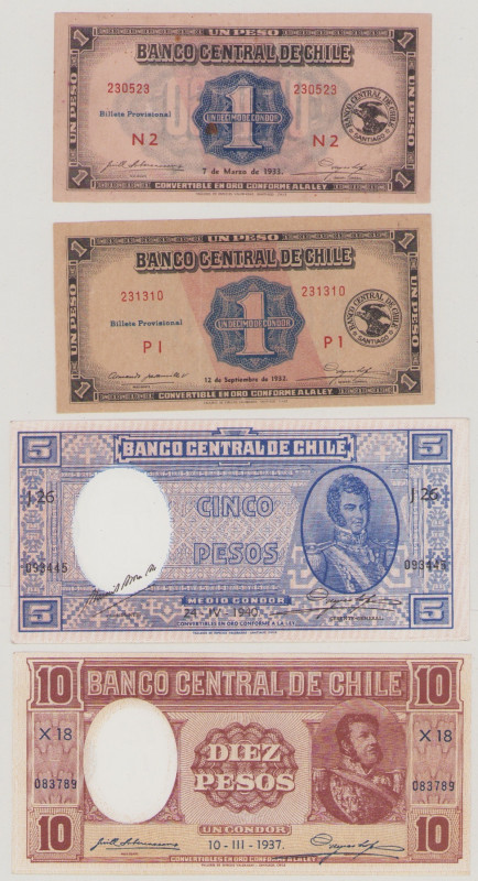 Chile, 1 & 1 Peso, 12.9.1932, 7.3.1933, P88a, b, BNB B218a, b, EF, EF, 5 Pesos, ...