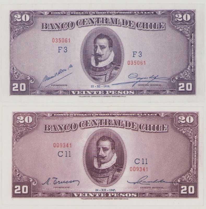 Chile, 20 & 20 Pesos, 22.11.1939, 24.12.1947, P 93a, b, BNB B227a, c, EF, UNC, 2...