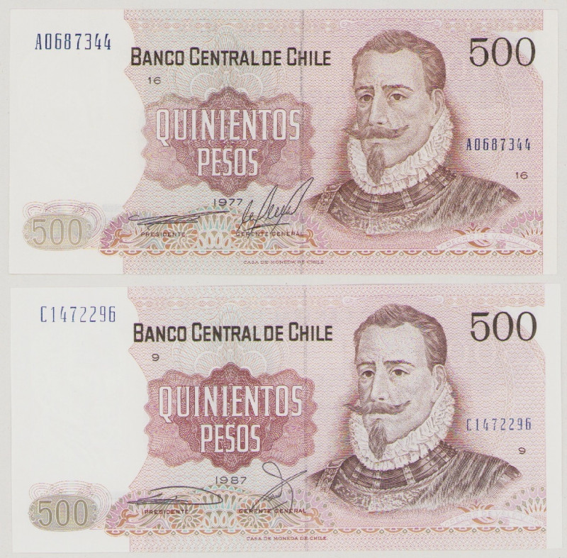 Chile, 500 & 500 Pesos, 1977, 1987, A 0687344, C 1472296, P153a, b, BNB B289a, h...