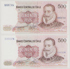 Chile, 500 & 500 Pesos, 1977, 1987, A 0687344, C 1472296, P153a, b, BNB B289a, h, 2x UNC, 2 pcs.

Estimate: 250-300