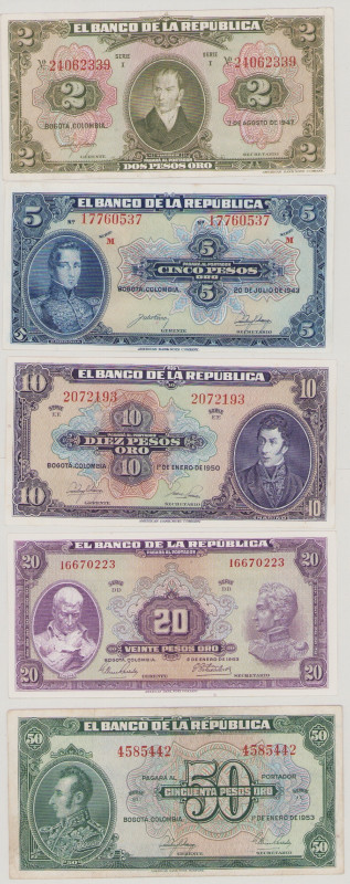 Colombia, 2 Pesos Oro, 7.8.1947, P390b, BNB B923e, VF/EF, 5 Pesos Oro, 20.7.1943...