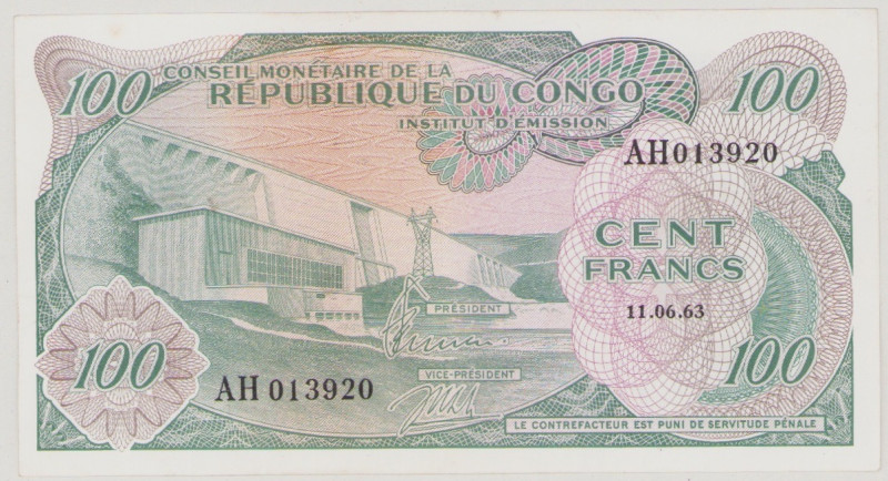 Congo Democratic Republic, 100 Francs, 11.6.1963, AH 013920, P1a, BNB B102ah, EF...