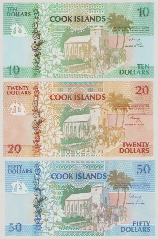 Cook Islands, 10 & 20 & 50 Dollars, ND, P8a, 9a, 10a, BNB B108a, B109a,B110a, 3x...