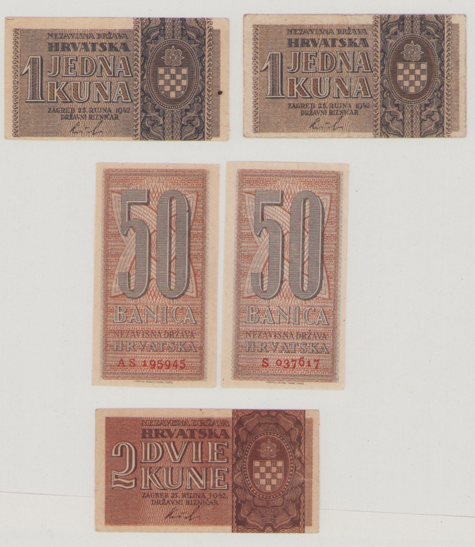 Croatia, 50 & 50 Banica, 1 & 1 Kuna, 2 Kune, 25.9.1942, P6a, b, 7a, b, 8a, BNB B...