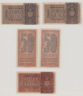 Croatia, 50 & 50 Banica, 1 & 1 Kuna, 2 Kune, 25.9.1942, P6a, b, 7a, b, 8a, BNB B106a (2x), B107a (2x), B108a, EF, EF, VF, VF, VF, (5 pcs)

Estimate: 3...