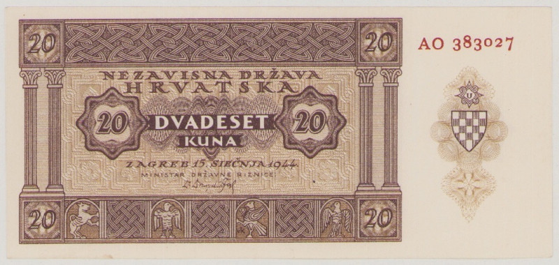 Croatia, 20 Kuna, 15.1.1944, AO 383027, P9b, BNB B109a, AU/UNC, Unissued 

Estim...