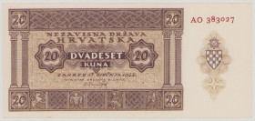 Croatia, 20 Kuna, 15.1.1944, AO 383027, P9b, BNB B109a, AU/UNC, Unissued 

Estimate: 80-120