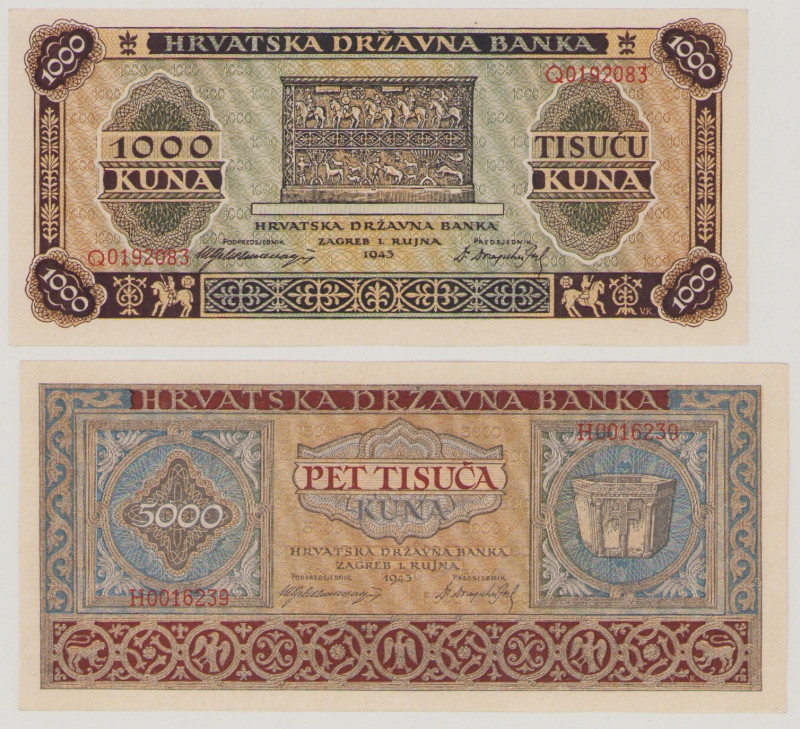 Croatia, 1000 & 5000 Kuna, 1.9.1943, Q0192083, H0016239, P12a, 13a, BNB 204a, 20...