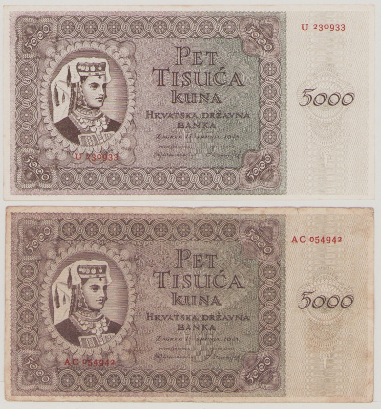 Croatia, 5000 & 5000 Kuna, 15.7.1943, U230933, AC054942, P14a, b, BNB B201a (2x)...