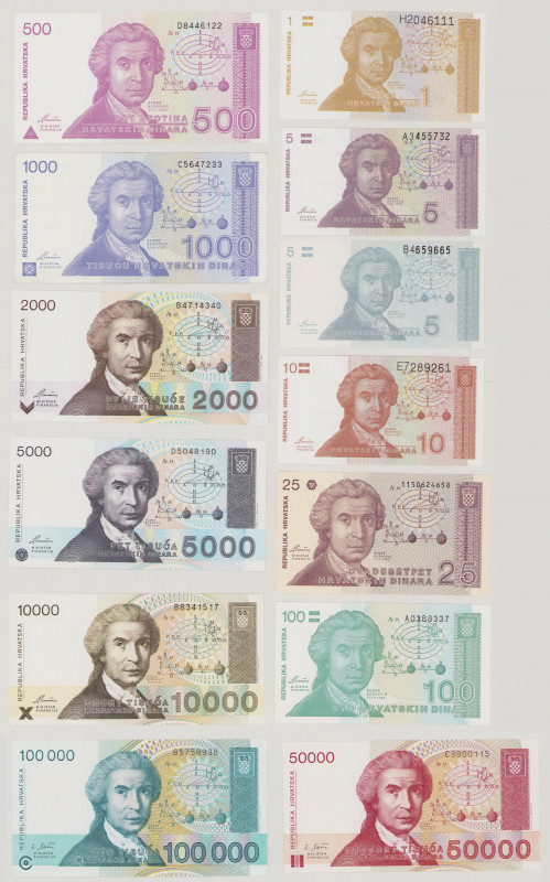 Croatia, 1 - 100 000 Dinara, 1991 - 1993, P16a - 27a, BNB B301 - B312, 12x UNC, ...
