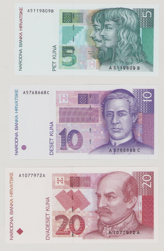 Croatia, 5 & 10 & 20 Kuna, 31.10.1993, P 28a, 29a, 30a, BNB B401a, B402a, B403a,...