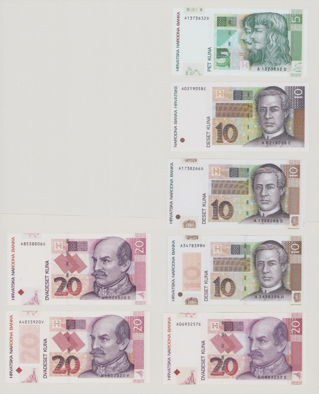 Croatia, 5 Kuna, 3x 10 Kuna, 3x 20 Kuna, 1995,2001,2012, 2004, 2014, P36a, 37a, ...
