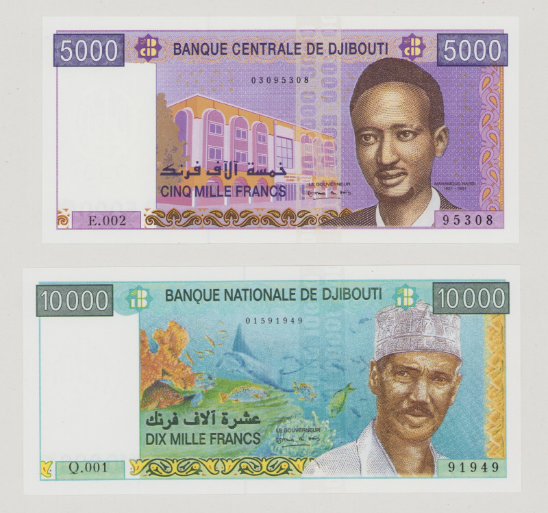 Djibouti, 10 000 Francs, ND, Q.001 91949, P41, BNB B106a, UNC, 5 000 Francs, ND,...