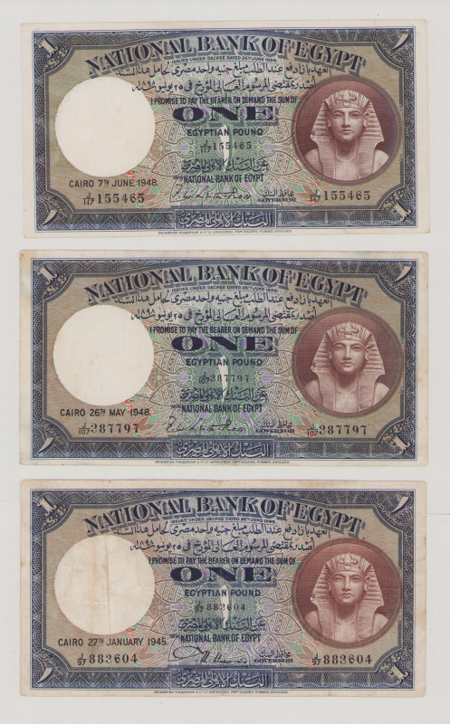 Egypt, 1 & 1 & 1 Egyptian Pound, 27.1.1945, 26.5.1948, 7.6.1948, P22c, d, d, BNB...